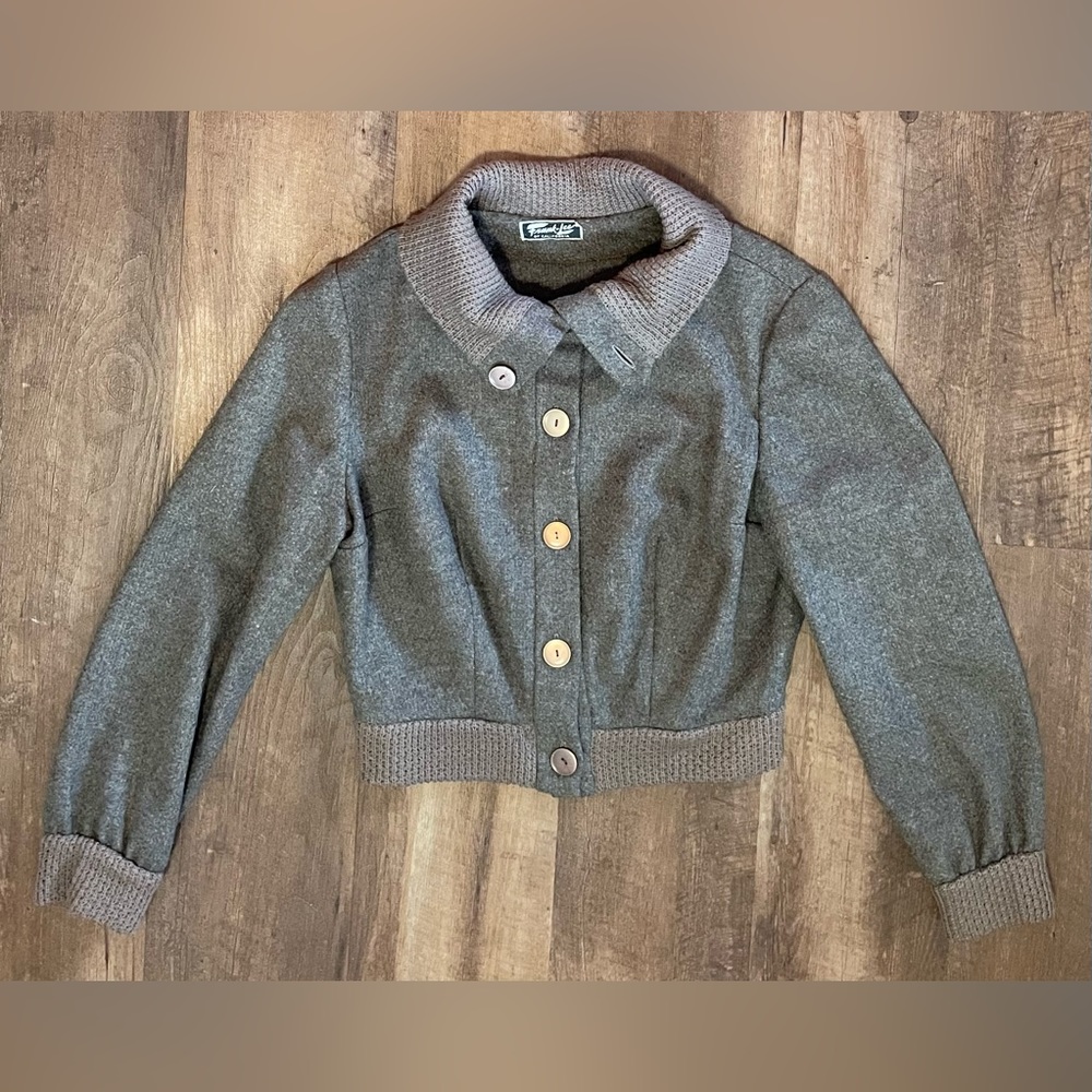 Vintage Frank Lee 50s 60s gray tan cropped wool cardigan jacket sweater Small